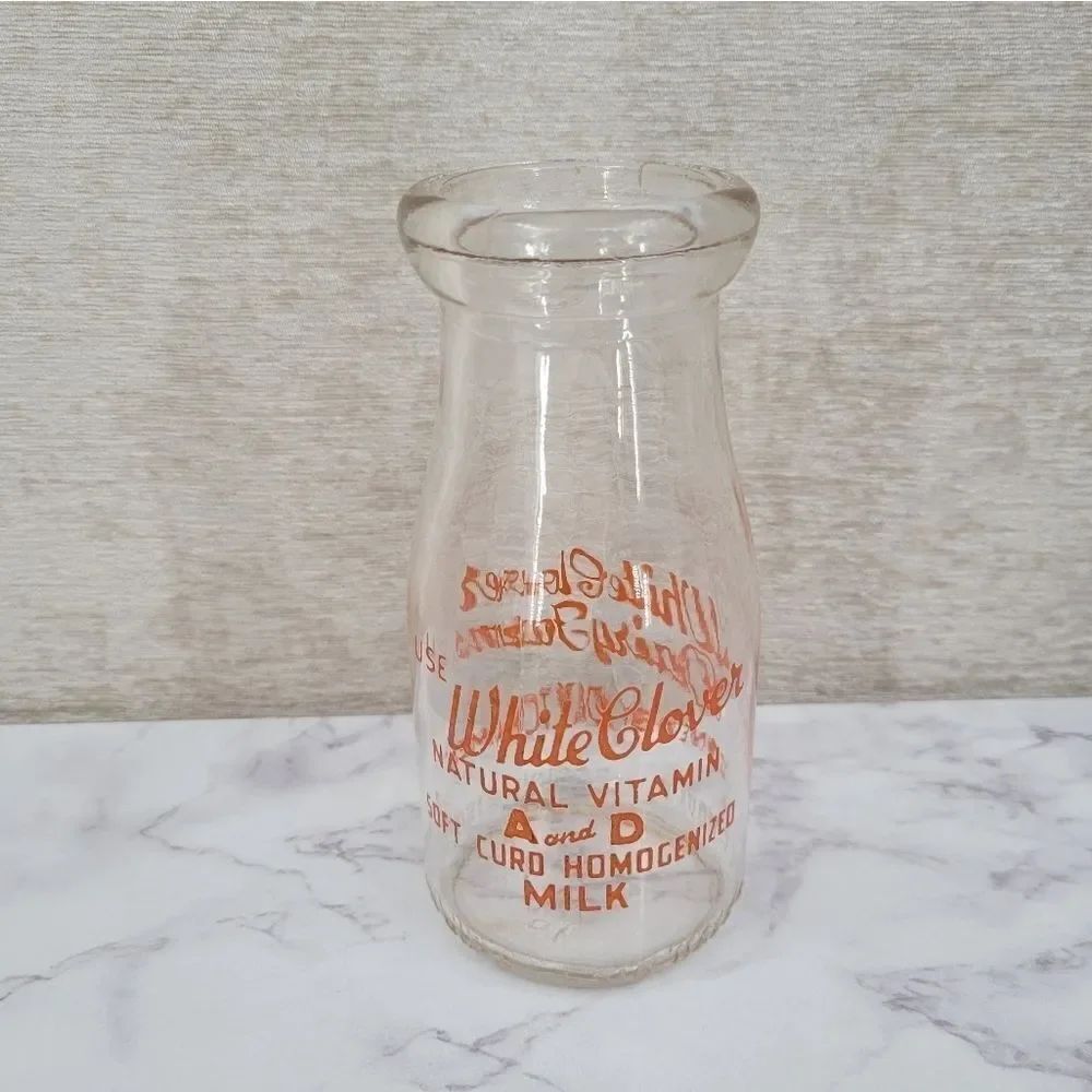 White Clover Half Pint Glass Milk Bottle Antique Vintage Farmhouse Decor Rustic